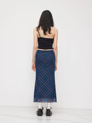 Mesh Mid Rise Check Lettuce Trim Maxi Skirt