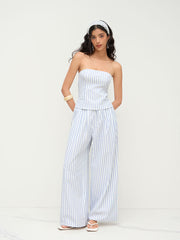 Cotton-blend Stripe Bandeau & Knotted Wide Leg Trousers Set