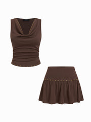 Cotton-blend Cowl Neck Rivet Detail Ruched Top & Low Rise Mini Skirt Set