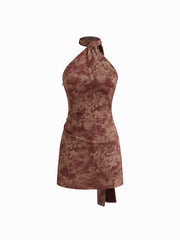 Satin Asymmetrical Neck Floral Backless Mini Dress With Scarf