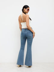 Stretch Cider Denim Low Rise Flared Jeans With Belt