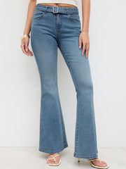 Stretch Cider Denim Low Rise Flared Jeans With Belt