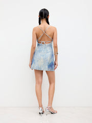 Sequins Square Neck Gradient Ruched Backless Criss Cross Mini Dress