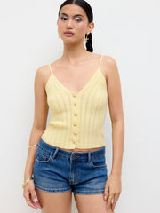 Knit V-neck Conch Metal Button Crop Cami Top