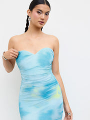 Mesh Illusion Ruched Bandeau Maxi Dress