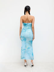 Mesh Illusion Ruched Bandeau Maxi Dress