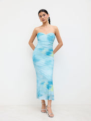 Mesh Illusion Ruched Bandeau Maxi Dress