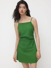 Linen-blend Square Neck Backless Beaded Ruched Mini Dress