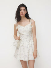 V-neck Floral Lace Trim Bowknot Mini Dress