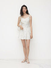 V-neck Floral Lace Trim Bowknot Mini Dress