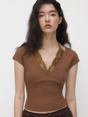 Halter Neckline Short Sleeve Contrasting Lace Top