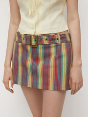 Cotton Low Rise Stripe Mini Skirt With Belt