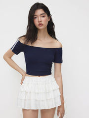Cotton-blend Off-shoulder Lace Trim Crop Top