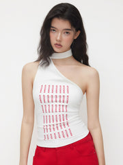 Asymmetrical Neckline AMOUR Graphic Top With Scarf