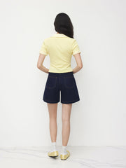 Cotton-blend Collar Stripe Patched Short Sleeve Top
