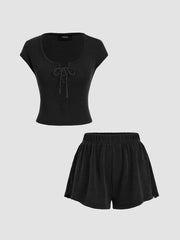 Stripe Lace Up Knotted Crop Tee & Elastic Waist Shorts Set