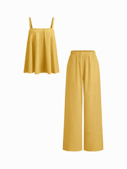 Linen-blend Pleated Cami Top & Mid Rise Elastic Waist Straight Leg Trousers Set