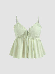 Cotton V-neck Broderie Anglaise Shirred Lettuce Trim Cami Top Curve & Plus