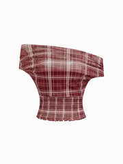 Mesh Plaid Off-shoulder Short Sleeve Shirred Lettuce Trim Top