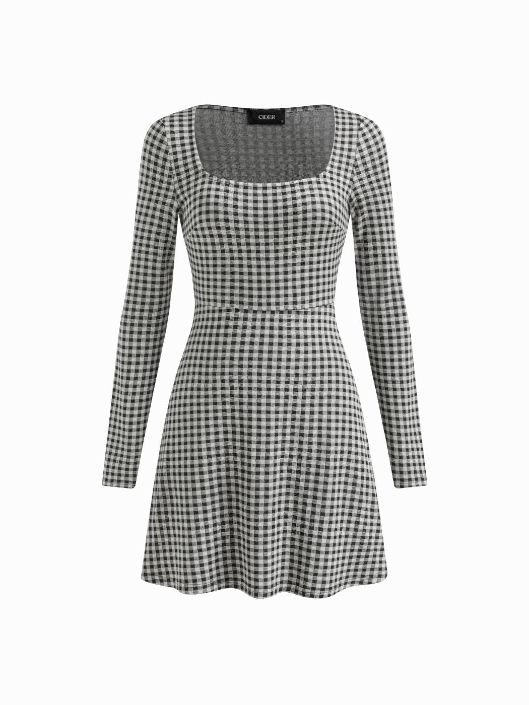 Gingham Square Neck Long Sleeve Mini Shift Dress