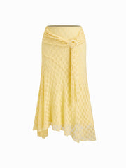 Lace Mid Rise Floral O-Ring Ruffle Hem Maxi Skirt
