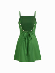 Linen-blend Square Neck Backless Beaded Ruched Mini Dress