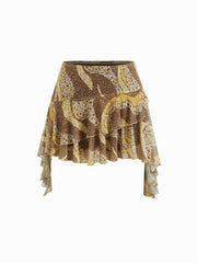 Mesh Mid Rise Floral Asymmetrical Ruffle Hem Layered Mini Skort