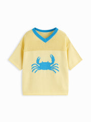 Knit V-neck Crab Hollow Out Contrasting Binding Oversized Top