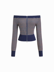 Cotton-blend Off-shoulder Stripe Zip Through Sweatshirt