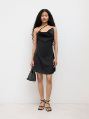 Satin Asymmetrical Neck Rhinestone Chain Mini Dress