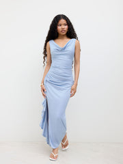 Cowl Neck Ruffle Hem Split Backless Maxi Dress