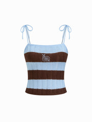 Knit Stripe Snail Embroidery Knotted Cami Top