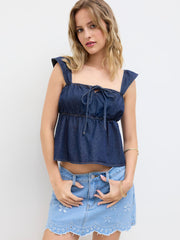 Denim Square Neck Bowknot Shirred Crop Tank Top