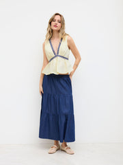 Denim Mid Rise Elastic Waist Tiered Maxi Skirt