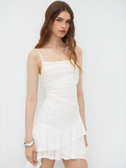Mesh Floral Texture Ruched Asymmetrical Ruffle Hem Mini Dress