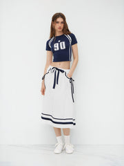 100% Cotton Mid Rise Striped Bowknot Pocket Maxi Skirt