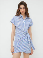 Cotton-blend Polo Collar Striped Draped Mini Dress