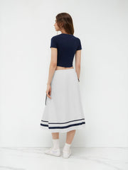 100% Cotton Mid Rise Striped Bowknot Pocket Maxi Skirt