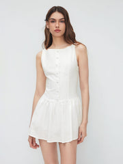 Linen-blend Boat Neck Backless Ruffle Mini Dress