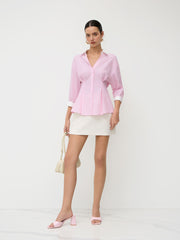100% Cotton Polo Stripe Pleated Cinched Waist Shirt