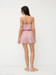 Cotton Square Neck Stripe Elastic Waist Romper