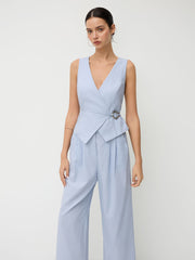 Linen-blend V-neck Metal Detail Knotted Pleated Wide Leg Jumpsuit