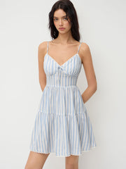 100% Cotton V-neck Stripe Knotted Mini Dress
