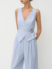 Linen-blend V-neck Metal Detail Knotted Pleated Wide Leg Jumpsuit