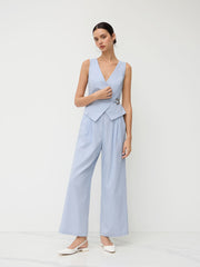 Linen-blend V-neck Metal Detail Knotted Pleated Wide Leg Jumpsuit