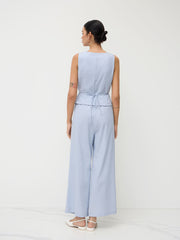 Linen-blend V-neck Metal Detail Knotted Pleated Wide Leg Jumpsuit