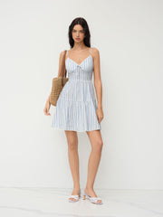 100% Cotton V-neck Stripe Knotted Mini Dress