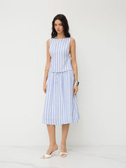 Boat Neck Stripe Tie Side Top & Mid Rise Drawstring Elastic Waist Maxi Skirt Set