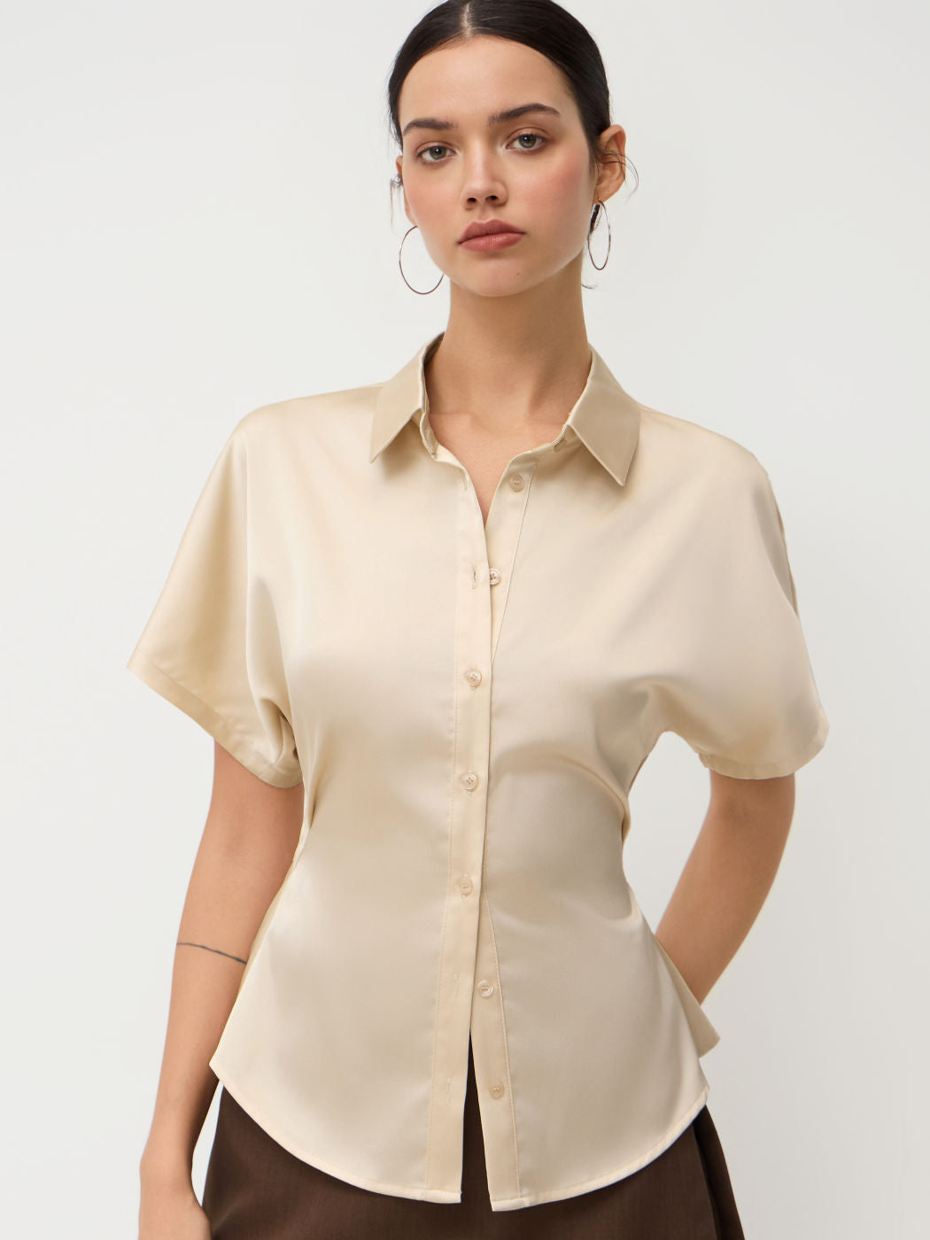 Satin Polo Button Up Cinched Waist Shirt
