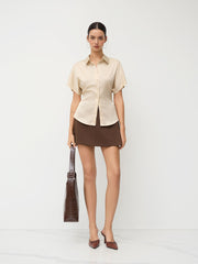 Satin Polo Button Up Cinched Waist Shirt